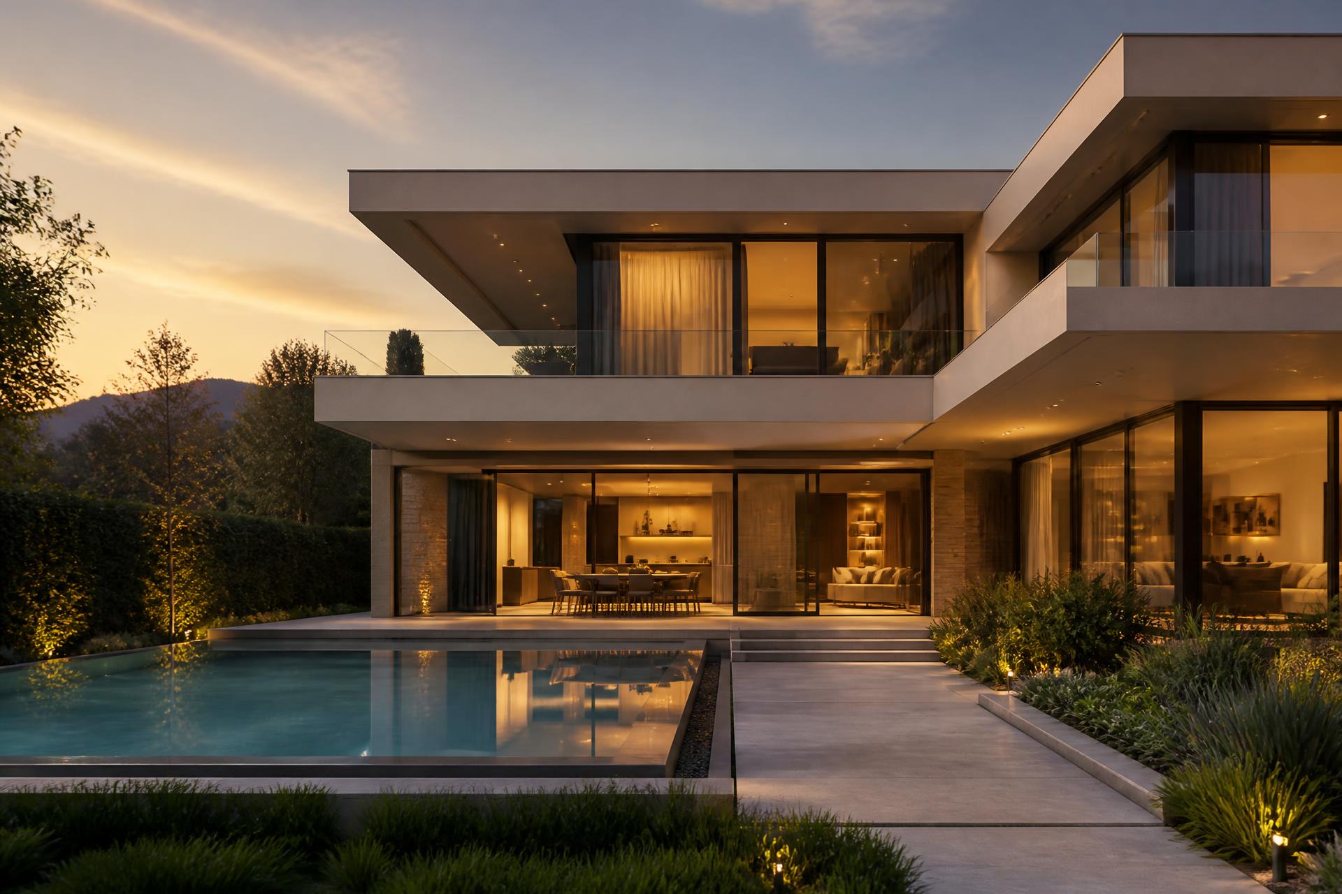 Moderne Villa mit Pool bei Sonnenuntergang, im Hintergrund des Hero-Bereichs